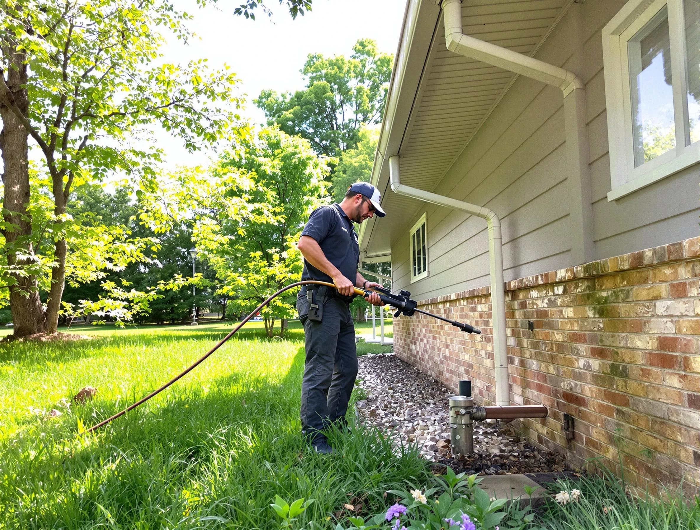 Cleveland OH Roofers removing debris from a downspout in Cleveland, OH