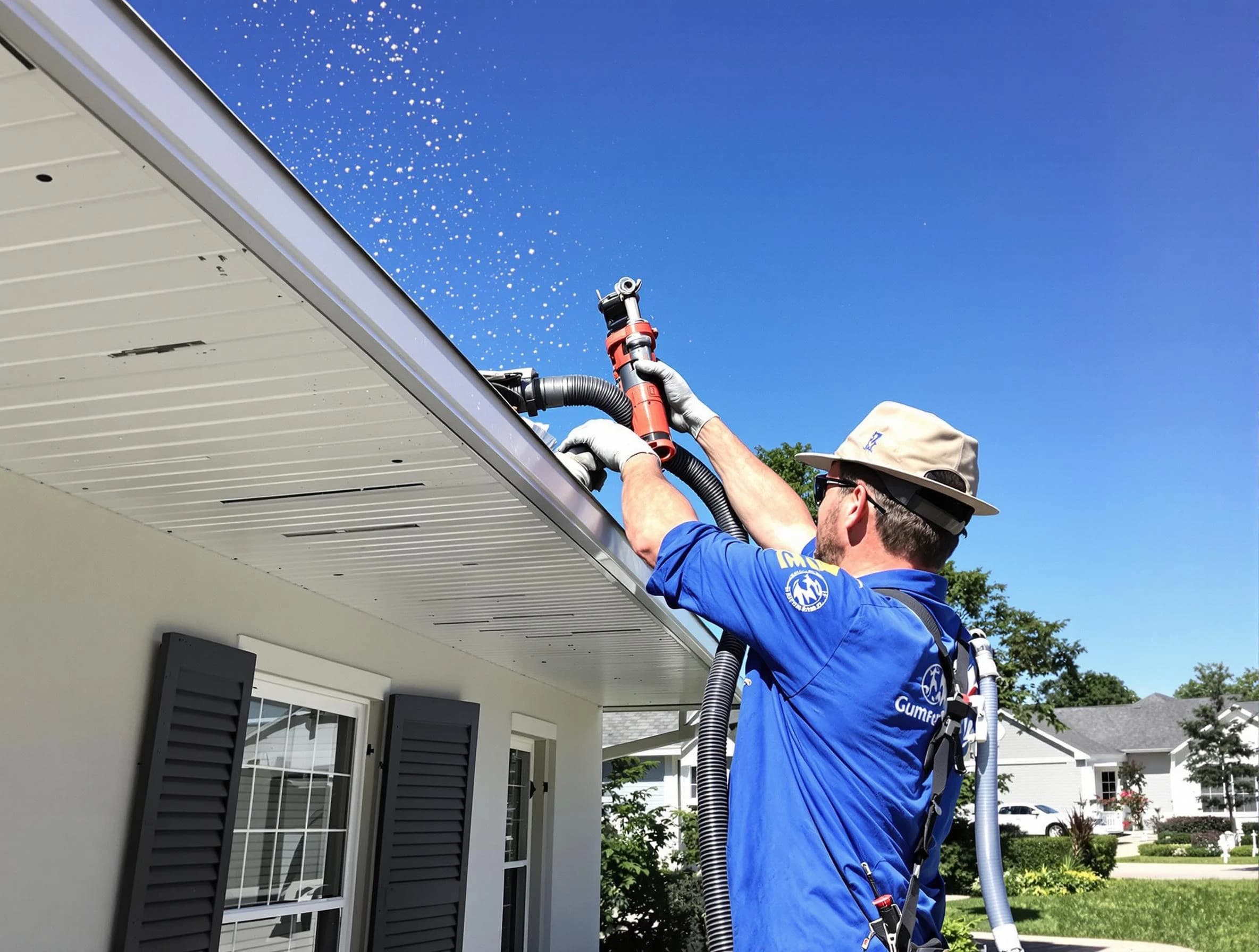 Technician completing a gutter cleaning project by Cleveland OH Roofers in Cleveland, OH